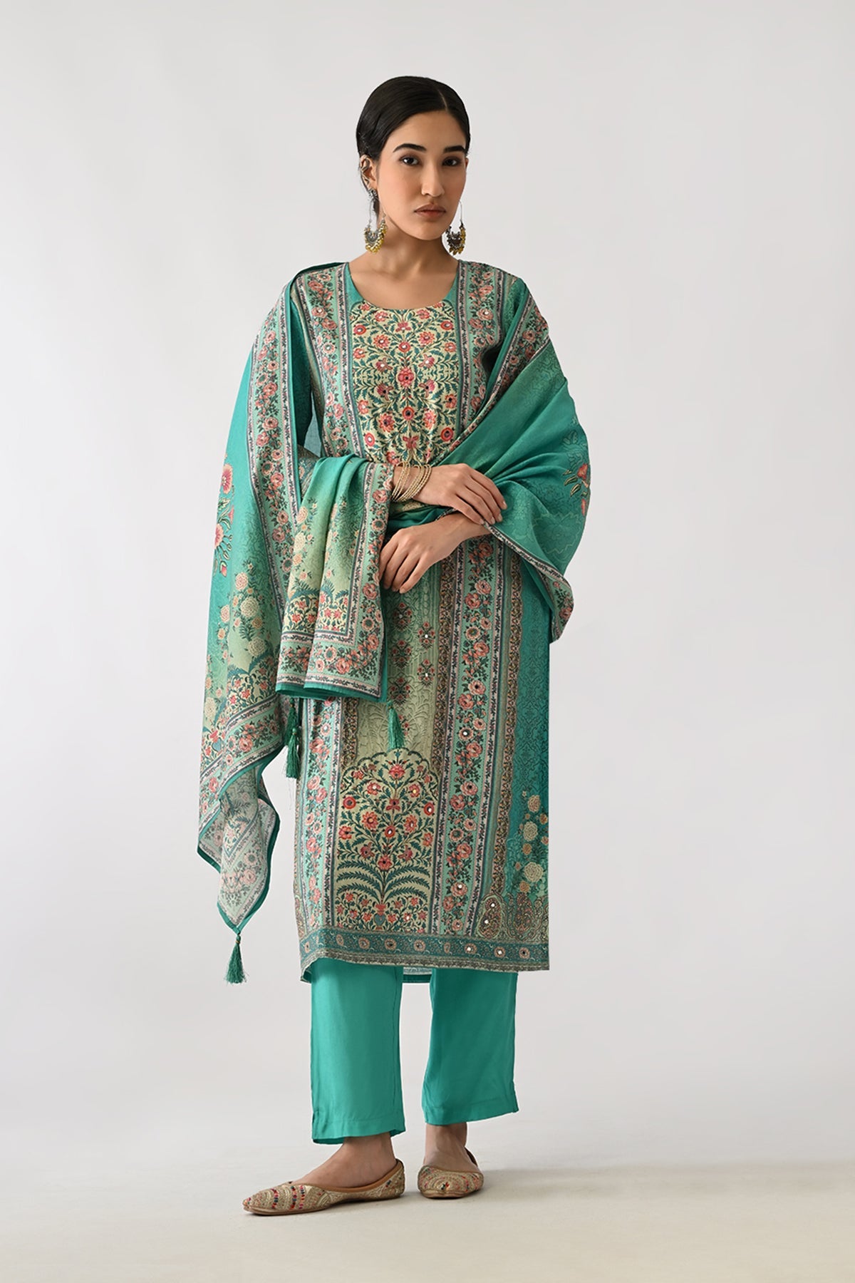 Green Printed Kurta 3 Pcs Set