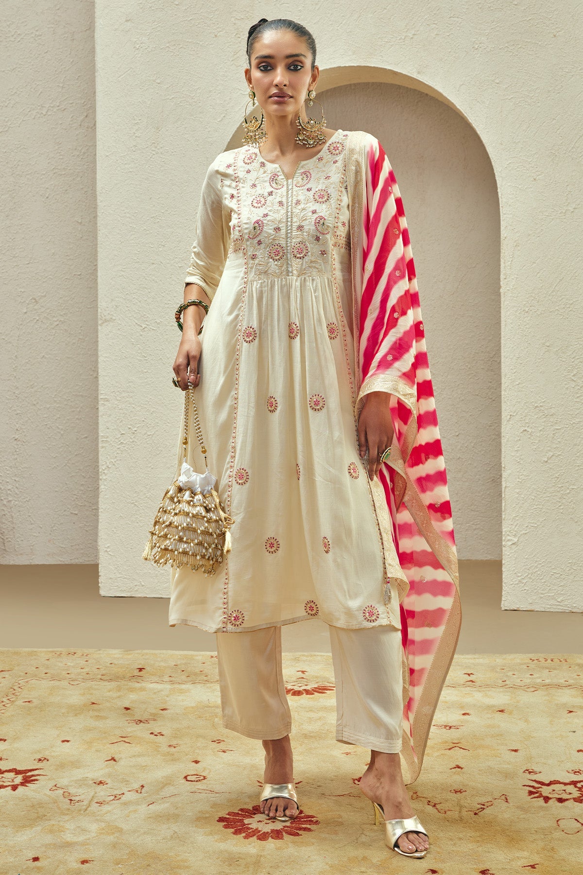 Cream Embroidered Kurta 3 Pcs Set