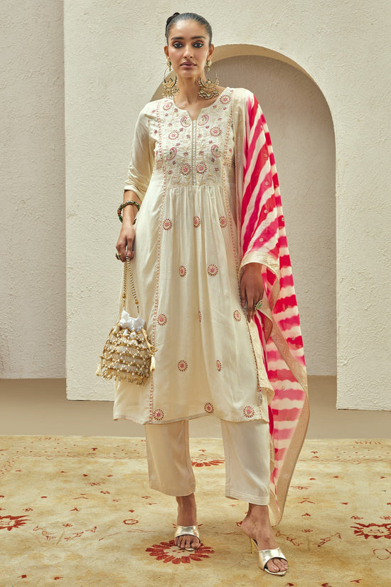 Cream Embroidered Kurta 3 Pcs Set