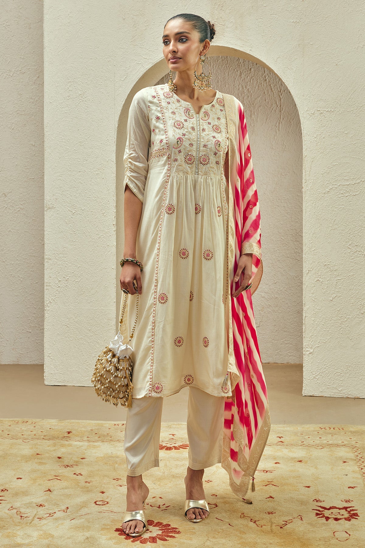 Cream Embroidered Kurta 3 Pcs Set