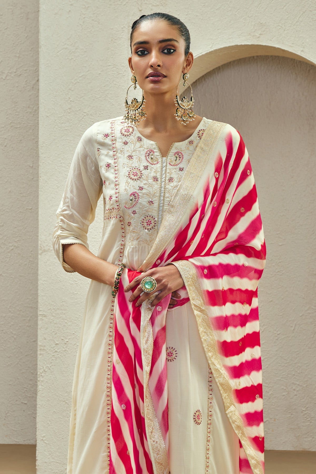 Cream Embroidered Kurta 3 Pcs Set