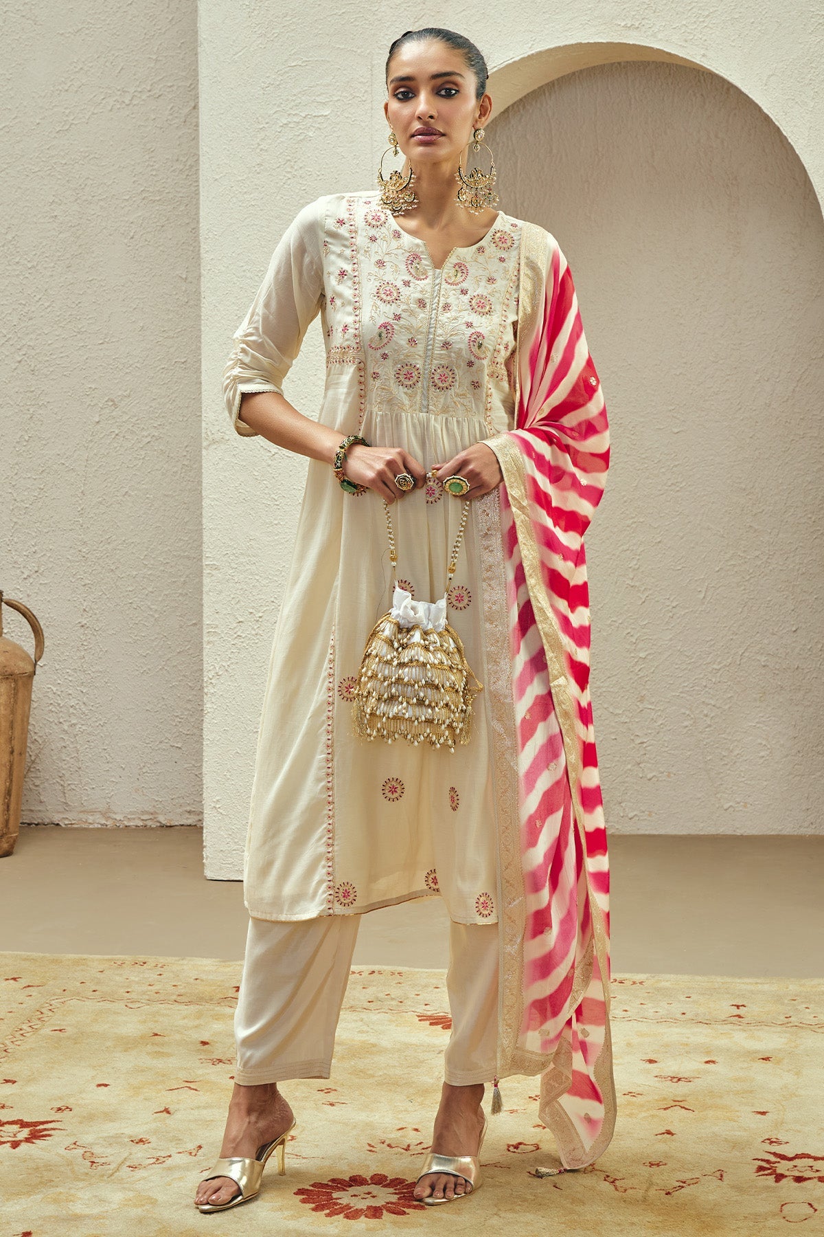 Cream Embroidered Kurta 3 Pcs Set