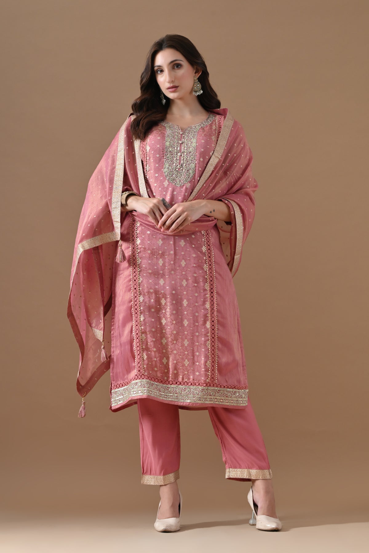 Pink Embellished Kurta 3 Pcs Set