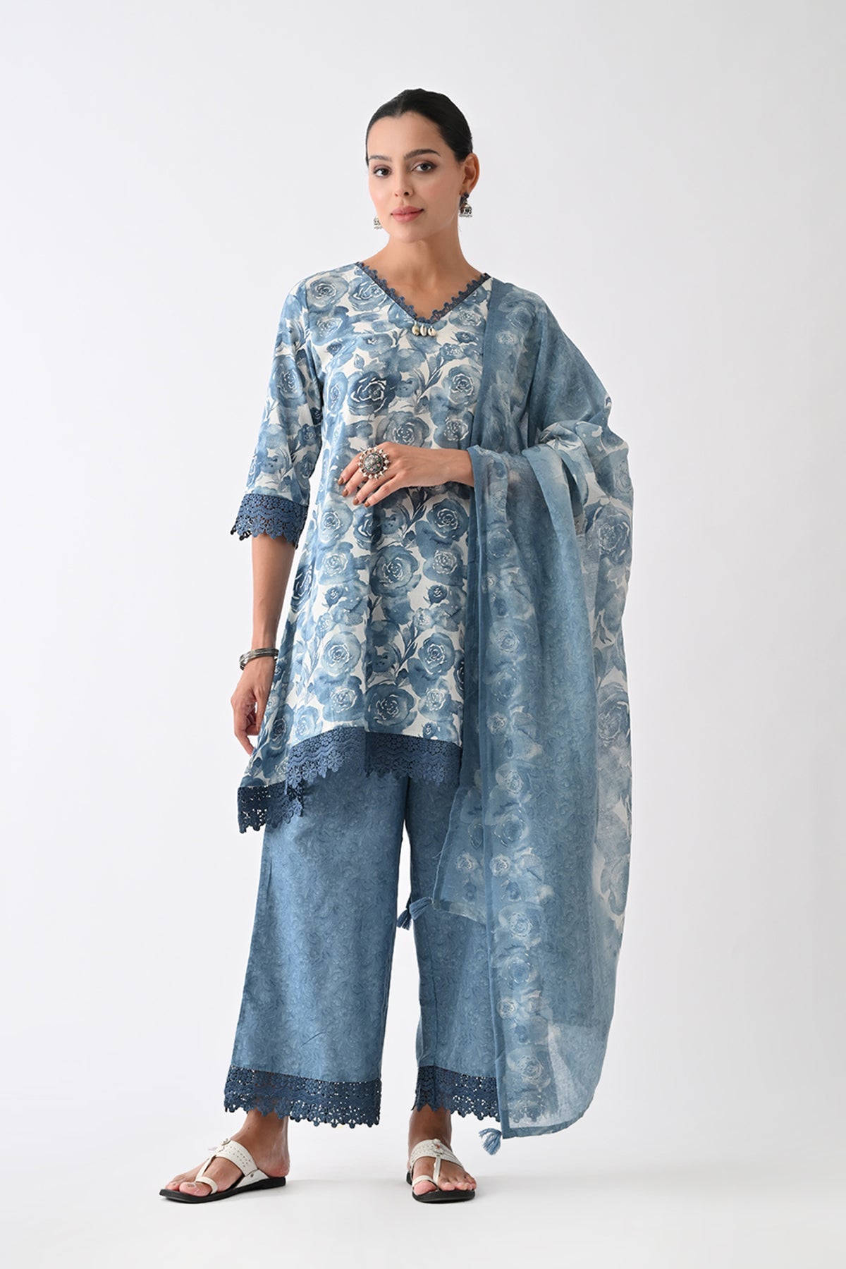 Blue Floral Printed Kurta 3 Pcs Set