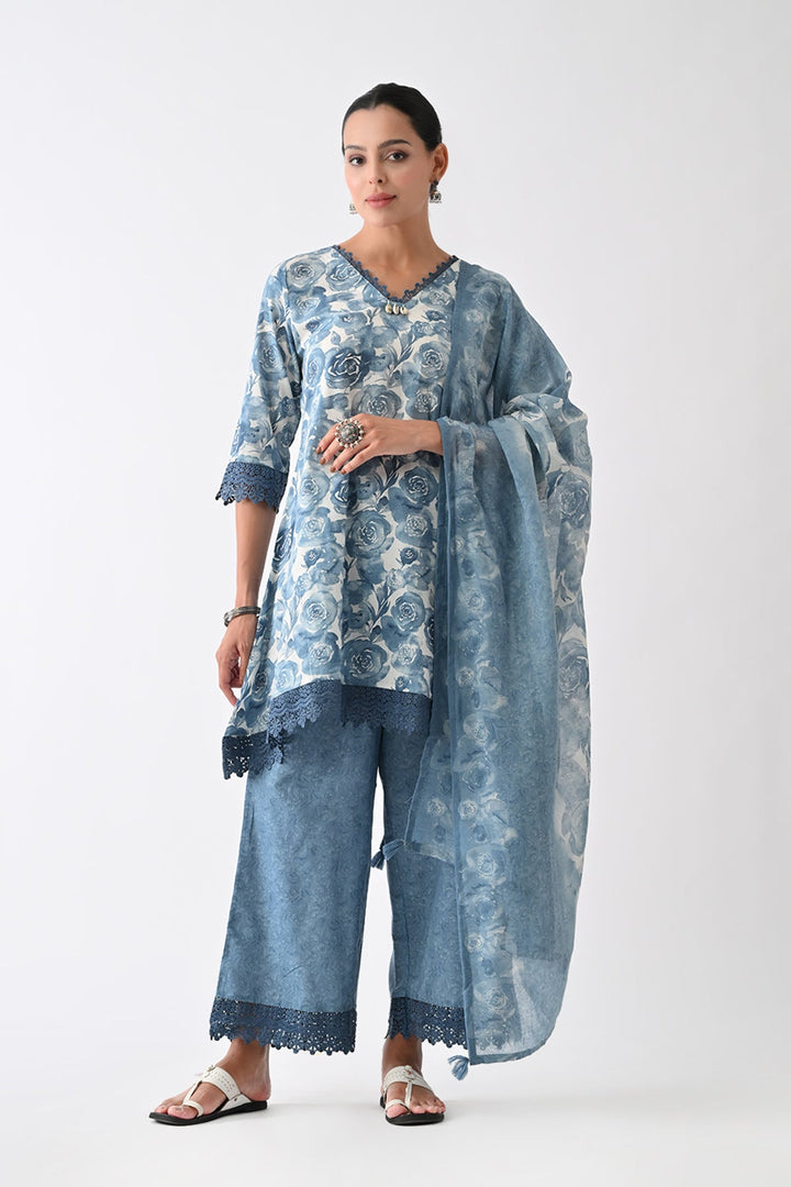 Blue Floral Printed Kurta Set (3 Piece)