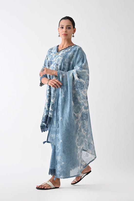 Blue Floral Printed Kurta 3 Pcs Set