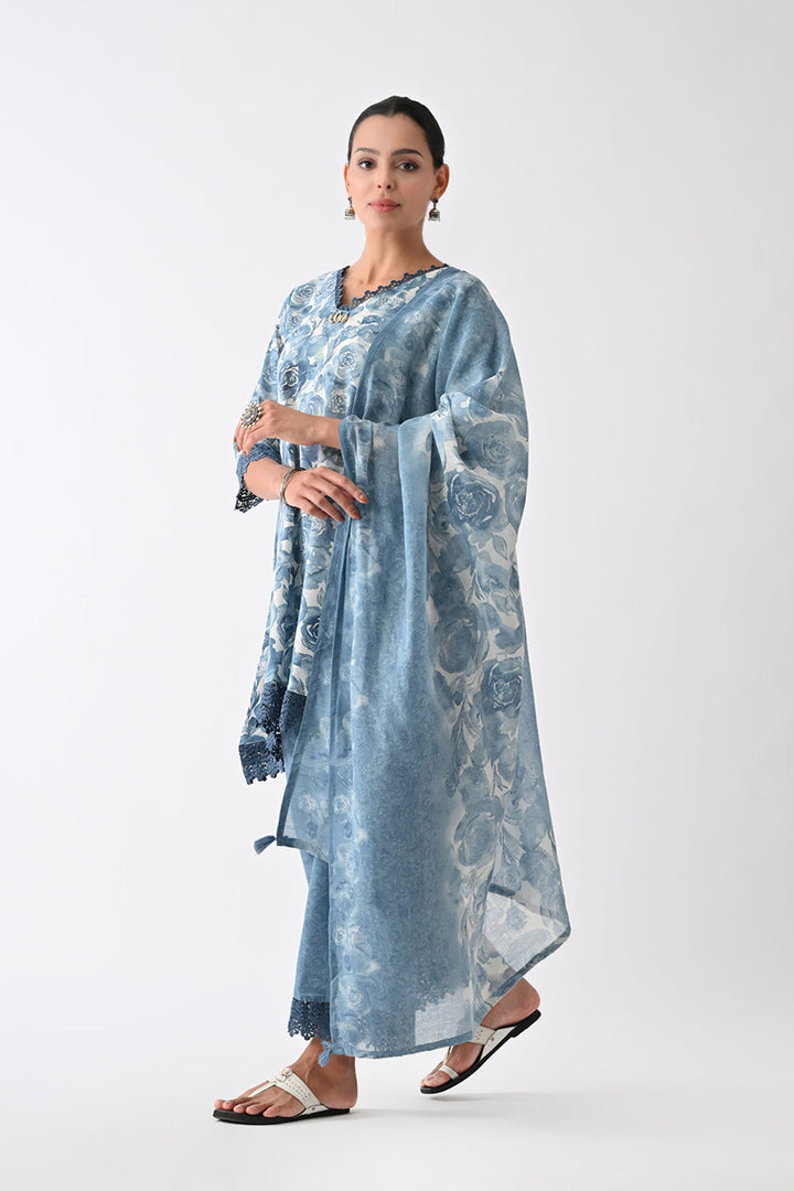 Blue Floral Printed Kurta Set (3 Piece)