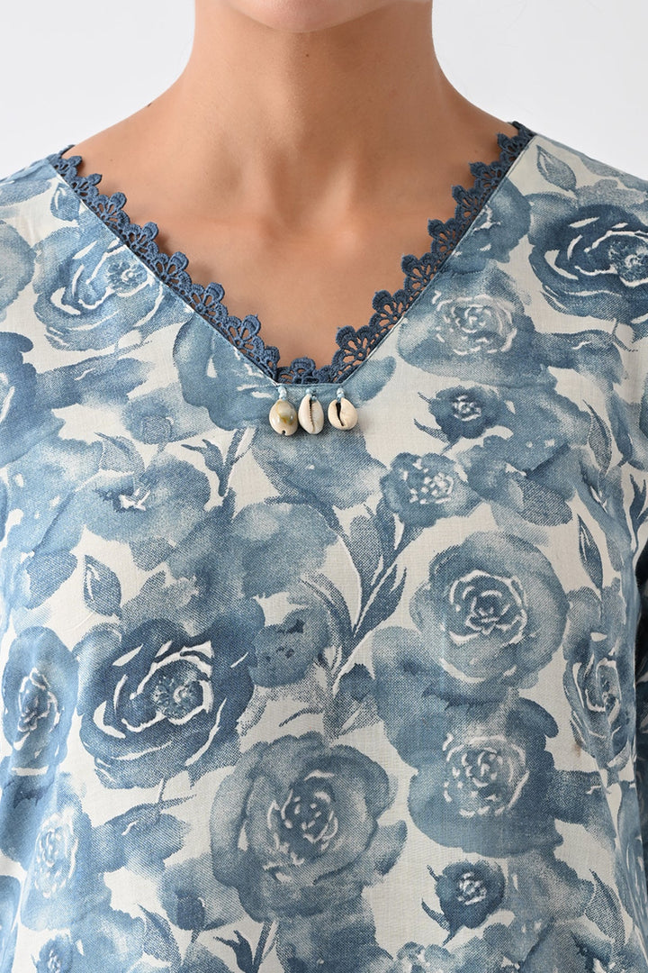 Blue Floral Printed Kurta Set (3 Piece)