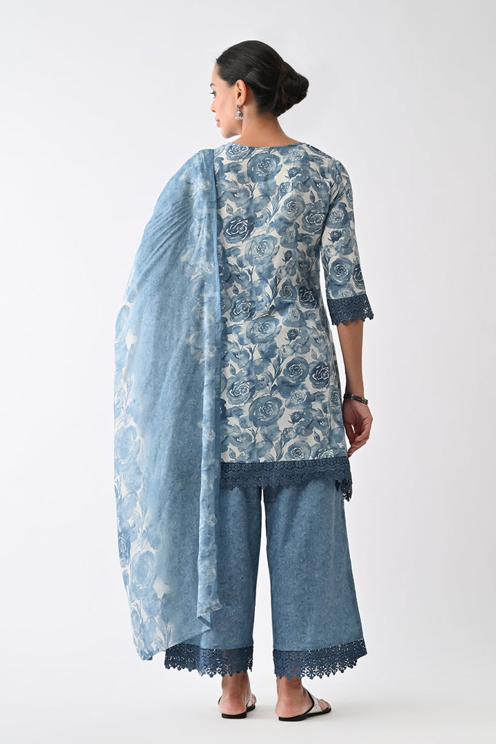 Blue Floral Printed Kurta Set (3 Piece)
