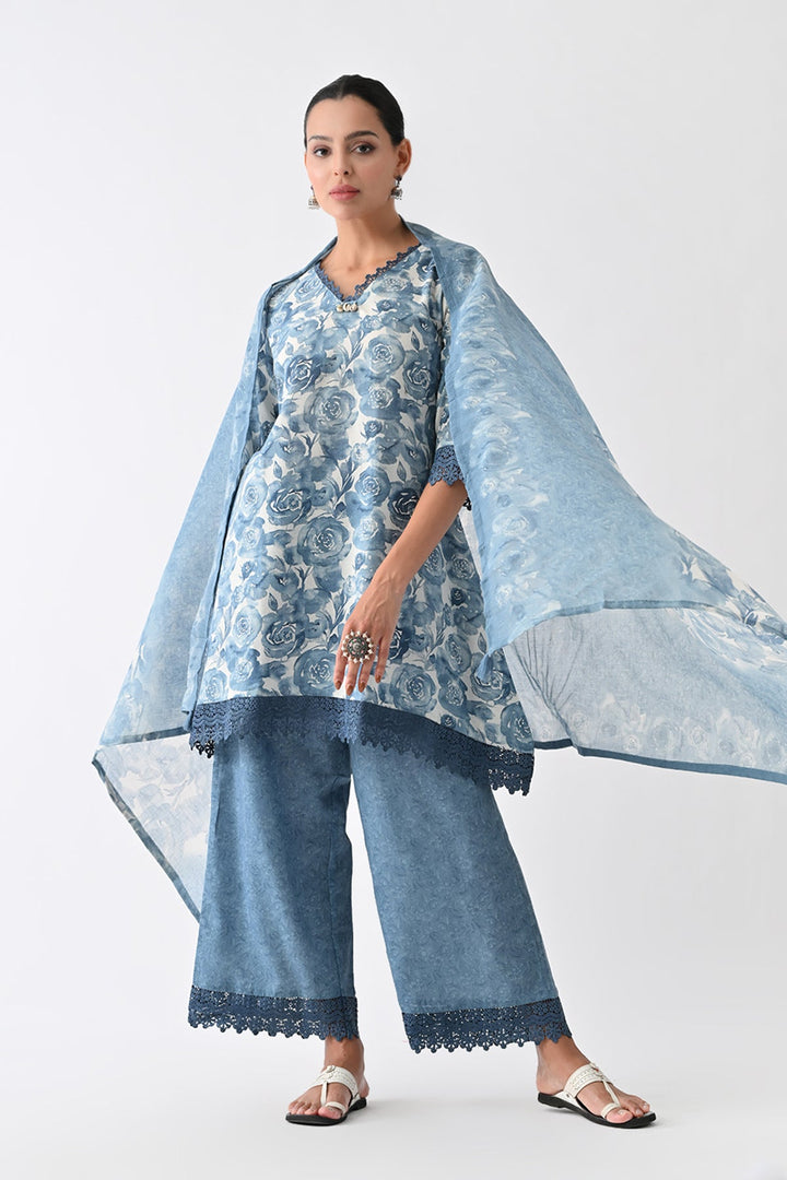 Blue Floral Printed Kurta Set (3 Piece)