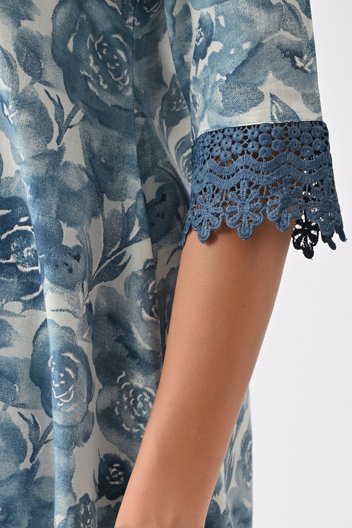 Blue Floral Printed Kurta Set (3 Piece)