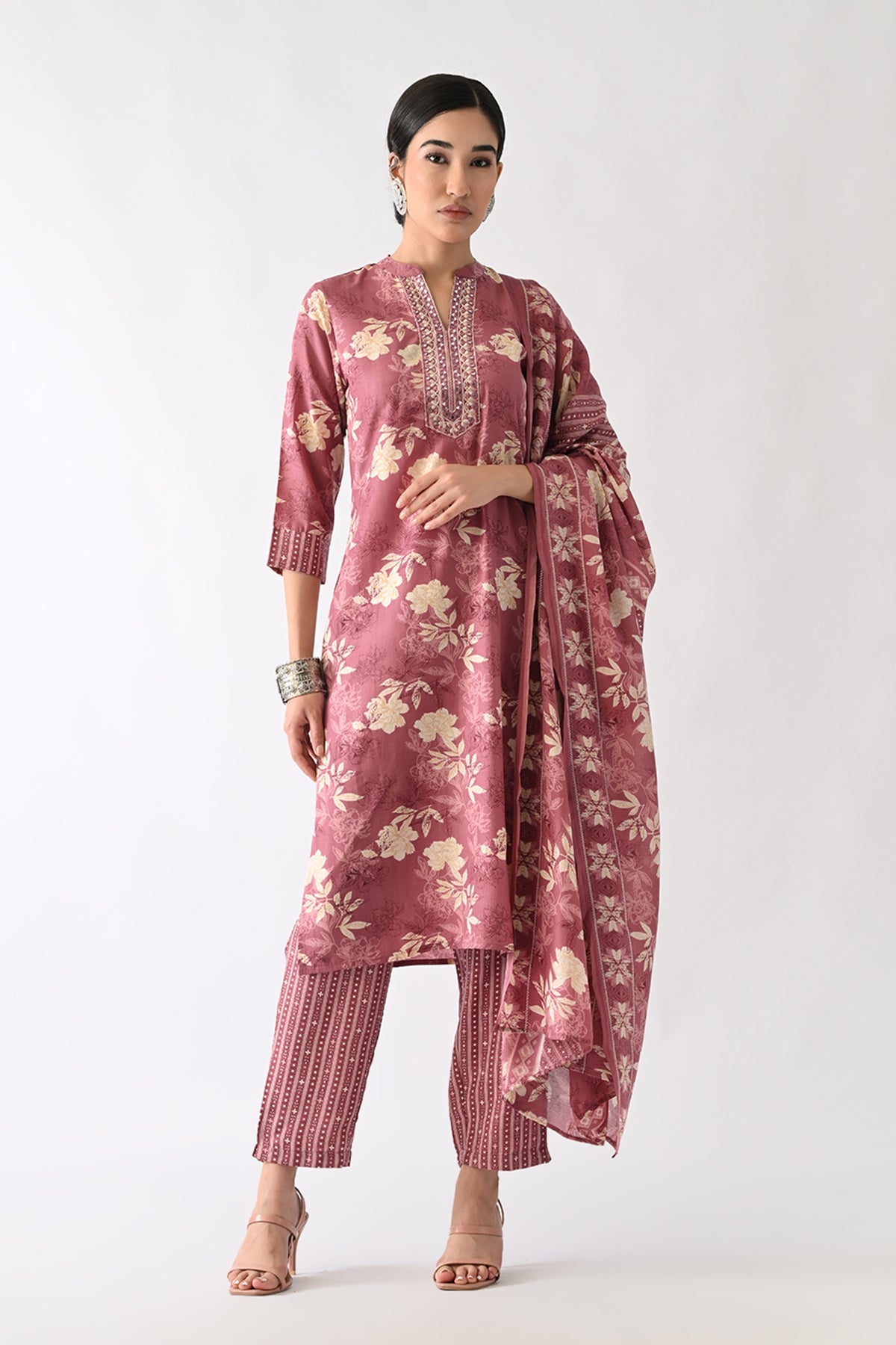 Pink Floral Printed Kurta 3 Pcs Set