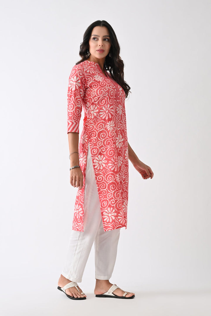 Coral Pink Printed Kurta