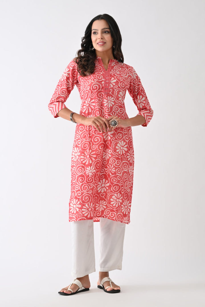 Coral Pink Printed Kurta