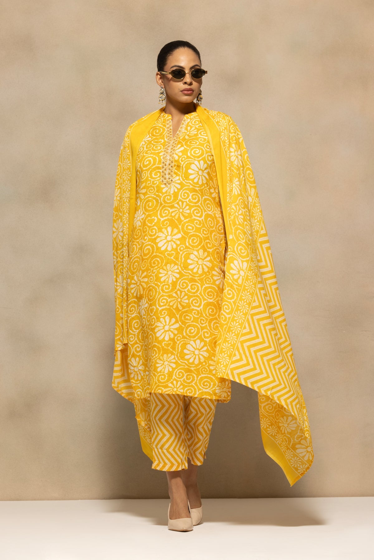 Yellow Printed Kurta 3 Pcs Set