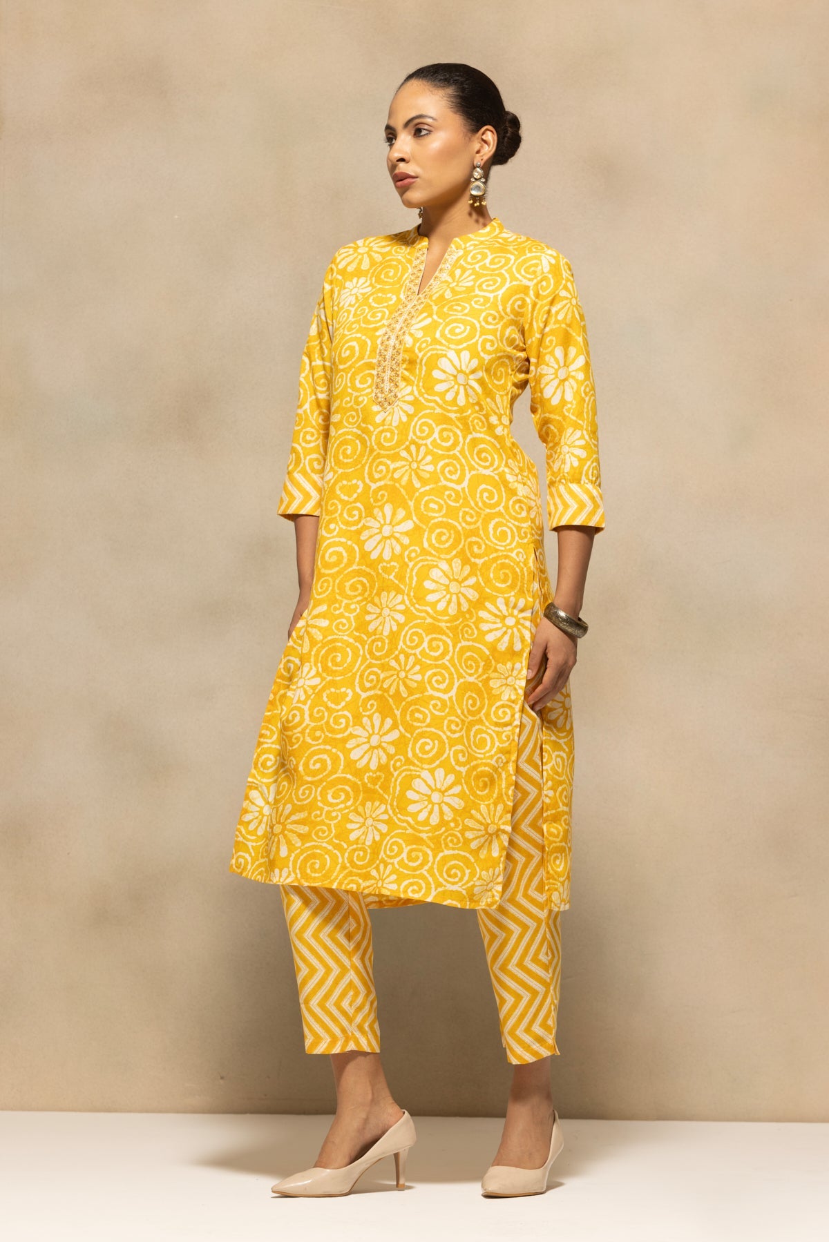 Yellow Printed Kurta 3 Pcs Set