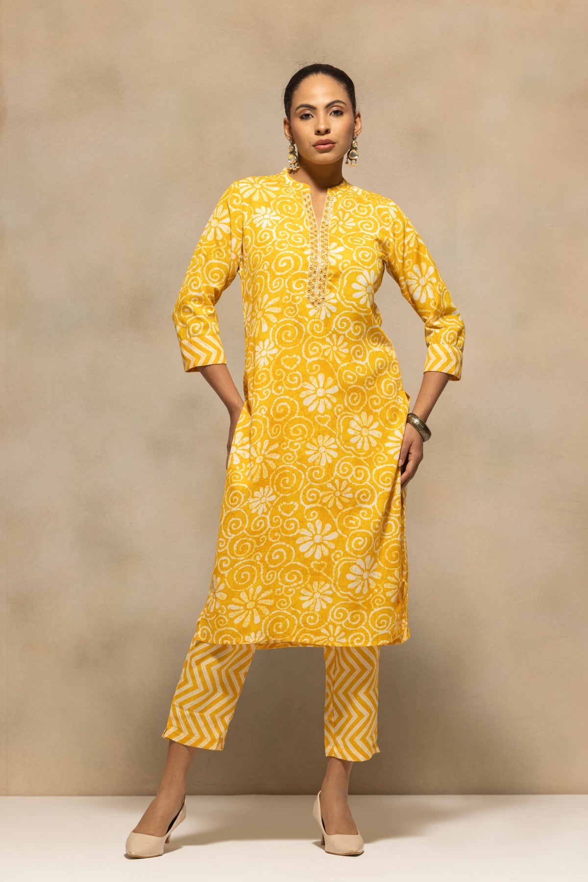 Yellow Printed Kurta 3 Pcs Set