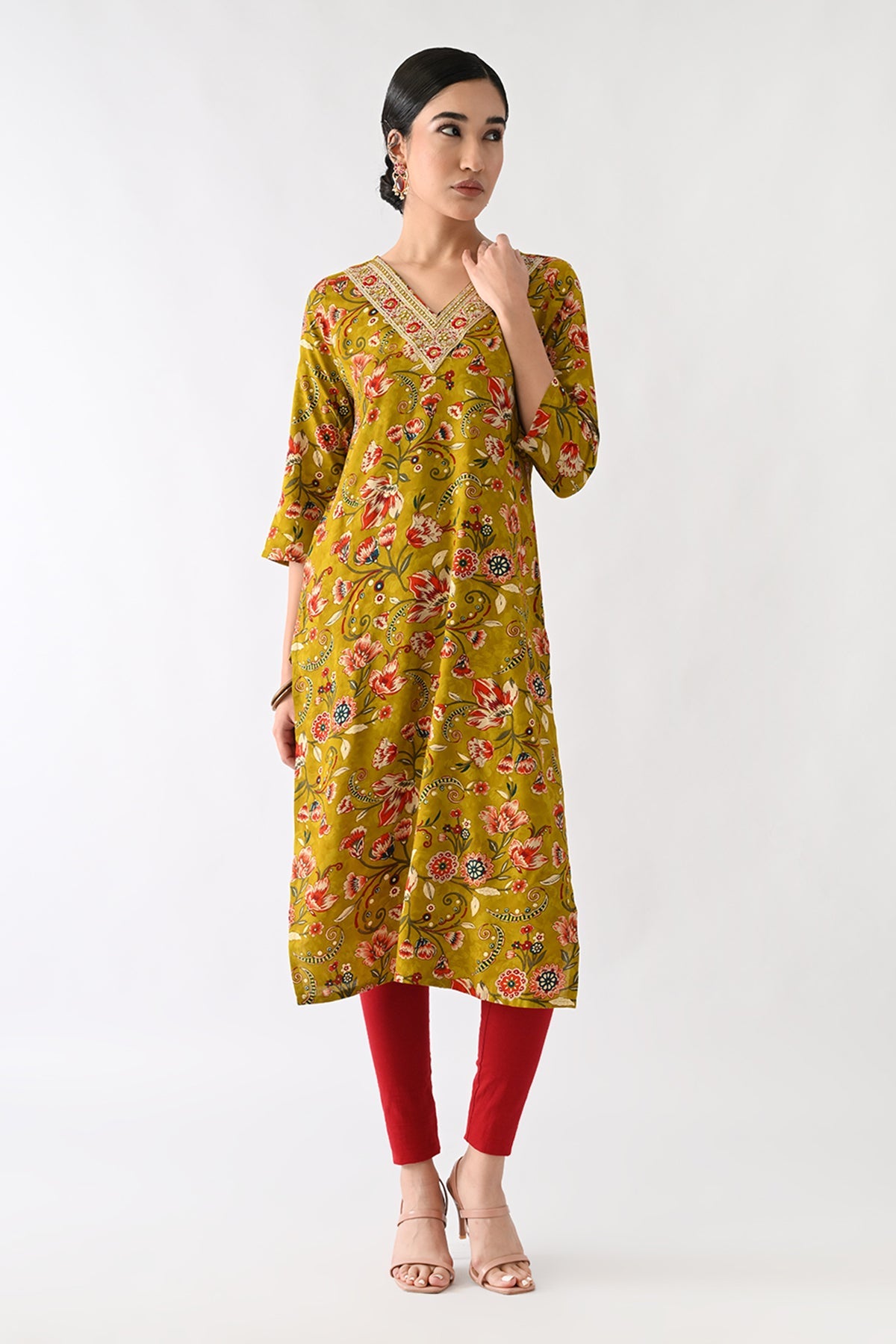 Mustard Floral Printed Kurta