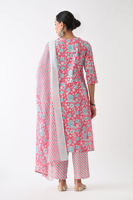 Coral Pink Printed Kurta Set (3 Piece)