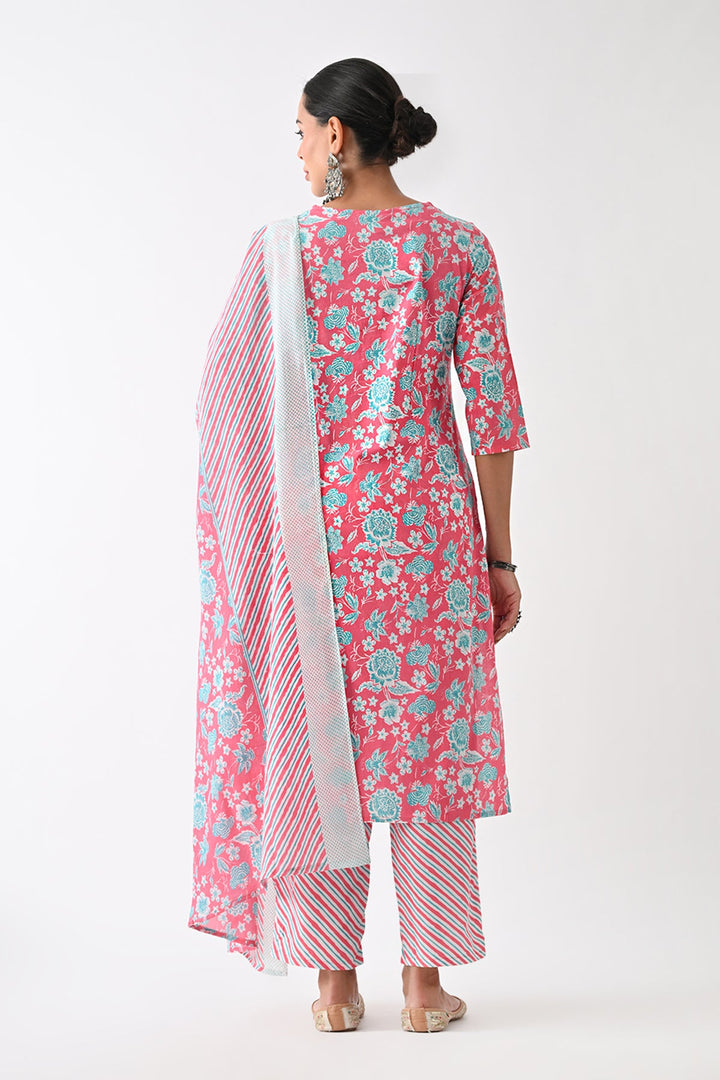 Coral Pink Printed Kurta Set (3 Piece)