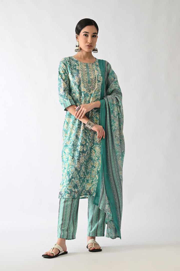 Green Printed Kurta Set(3 Piece)