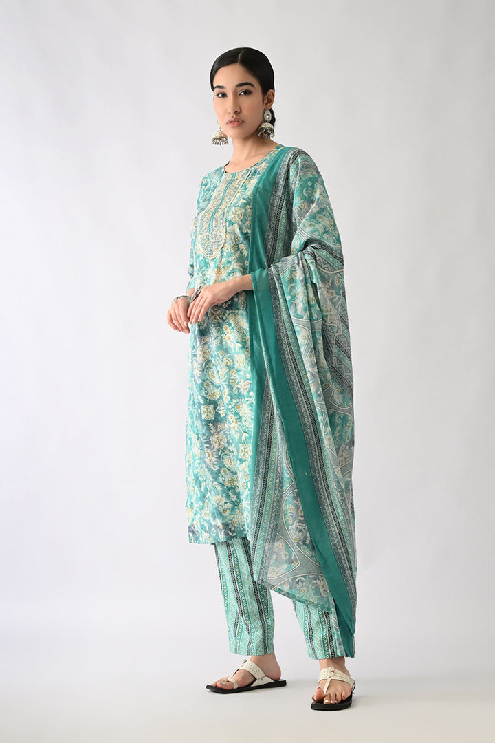 Green Printed Kurta Set(3 Piece)