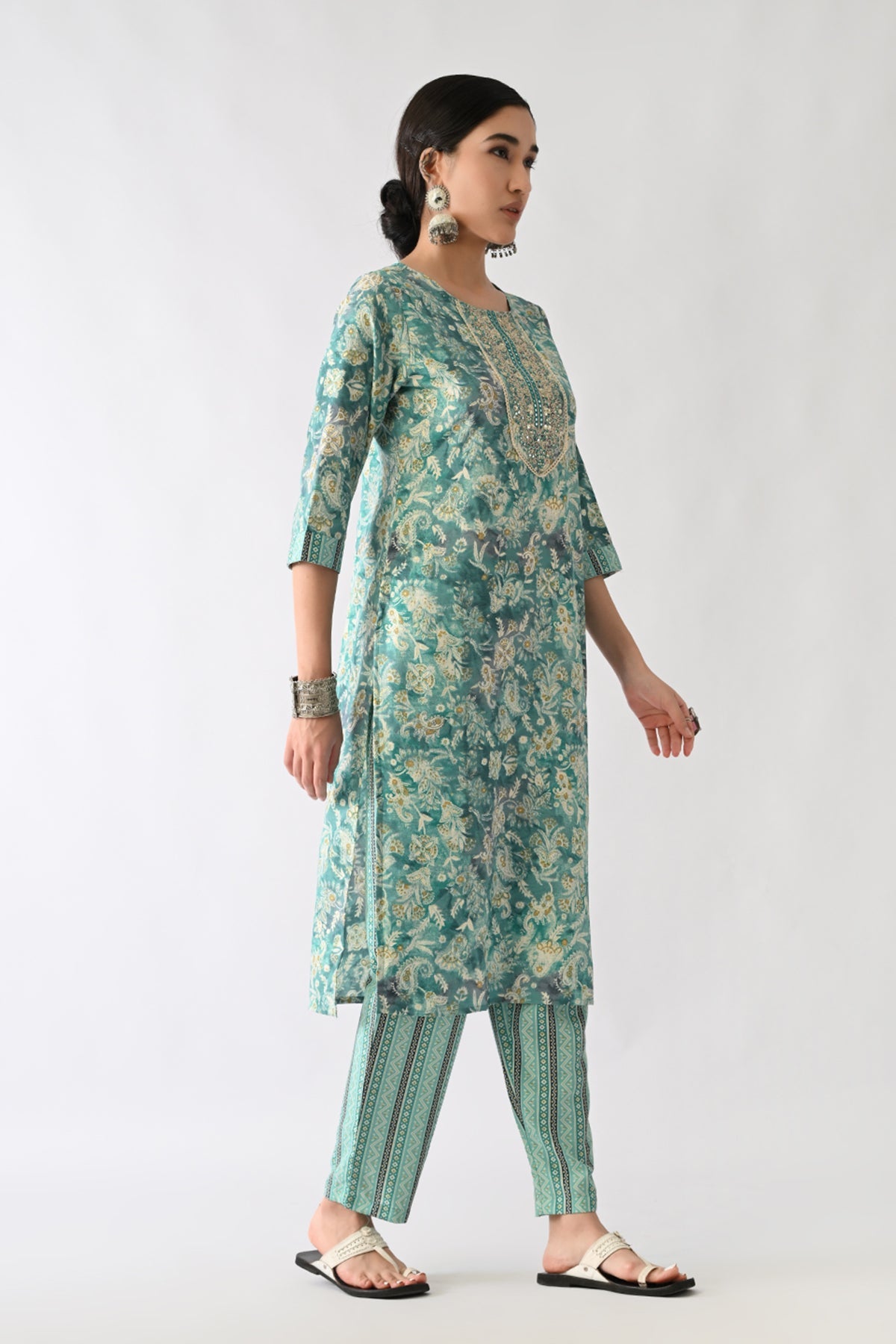 Green Printed Kurta 3 Pcs Set