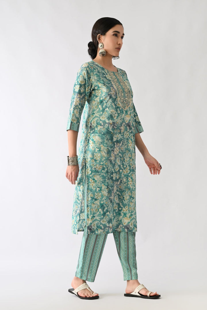 Green Printed Kurta Set(3 Piece)