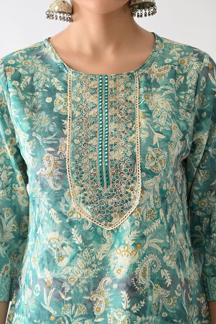 Green Printed Kurta Set(3 Piece)