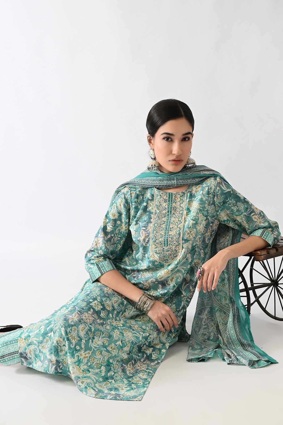 Green Printed Kurta 3 Pcs Set