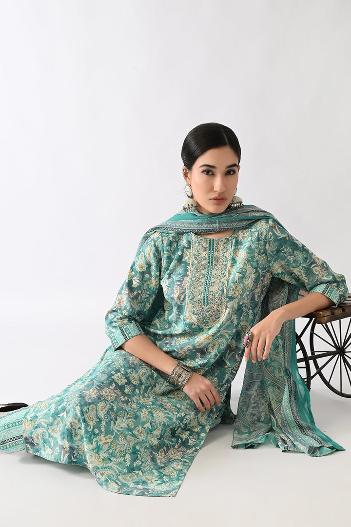 Green Printed Kurta Set(3 Piece)
