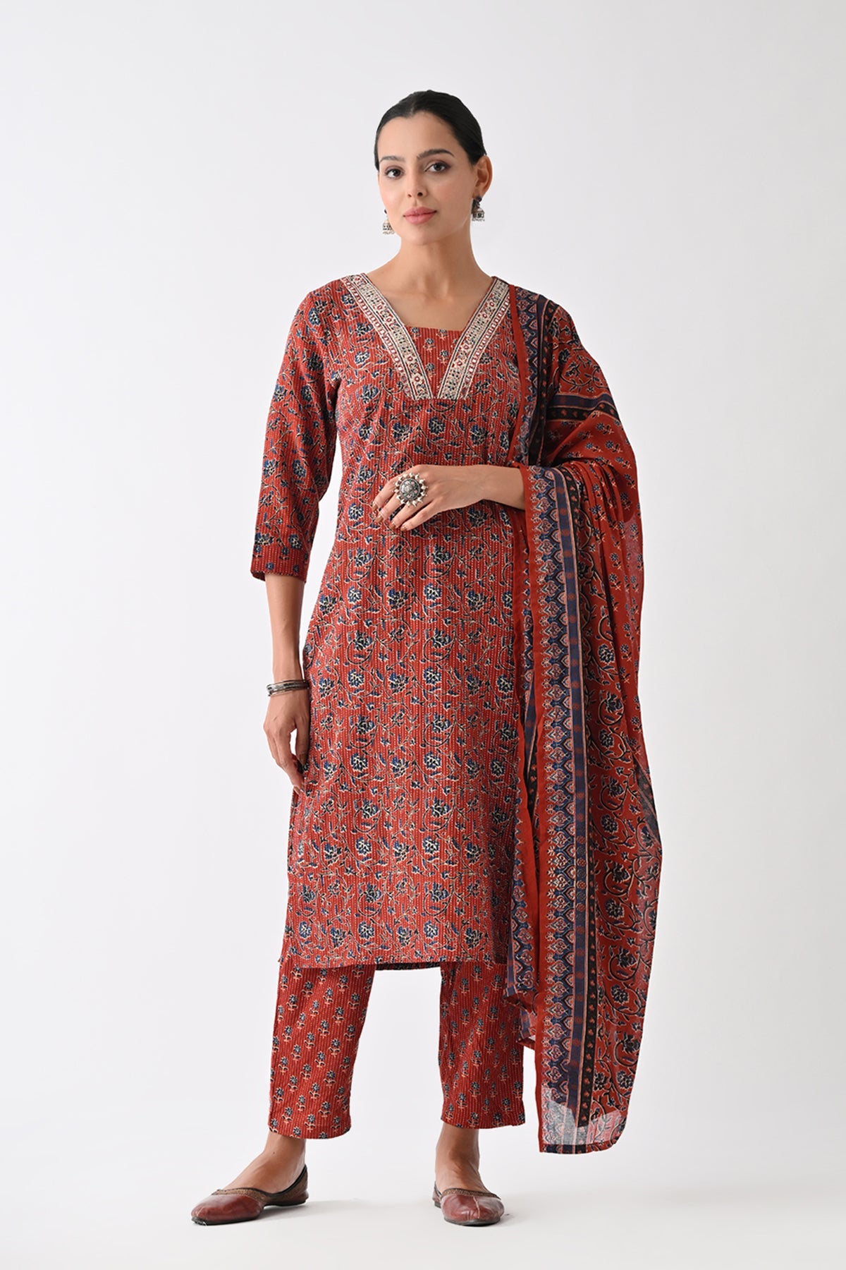 Rust Floral Printed Kurta 3 Pcs Set