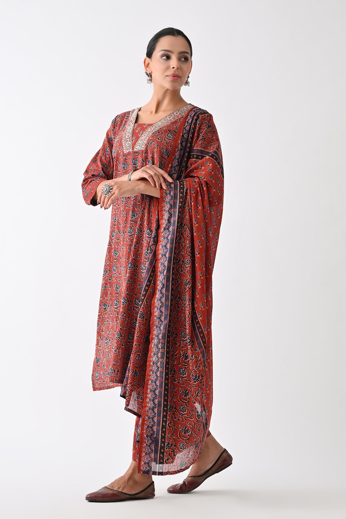 Rust Floral Printed Kurta 3 Pcs Set
