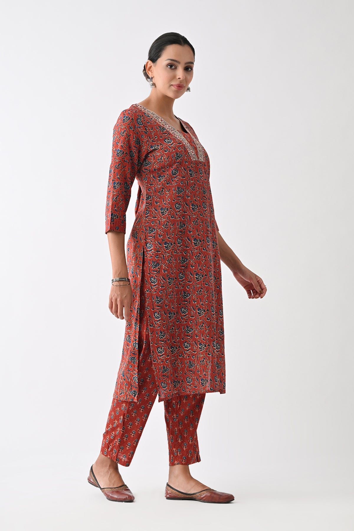 Rust Floral Printed Kurta 3 Pcs Set
