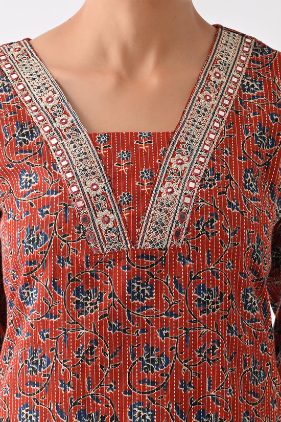 Rust Floral Printed Kurta Set (3 Piece)