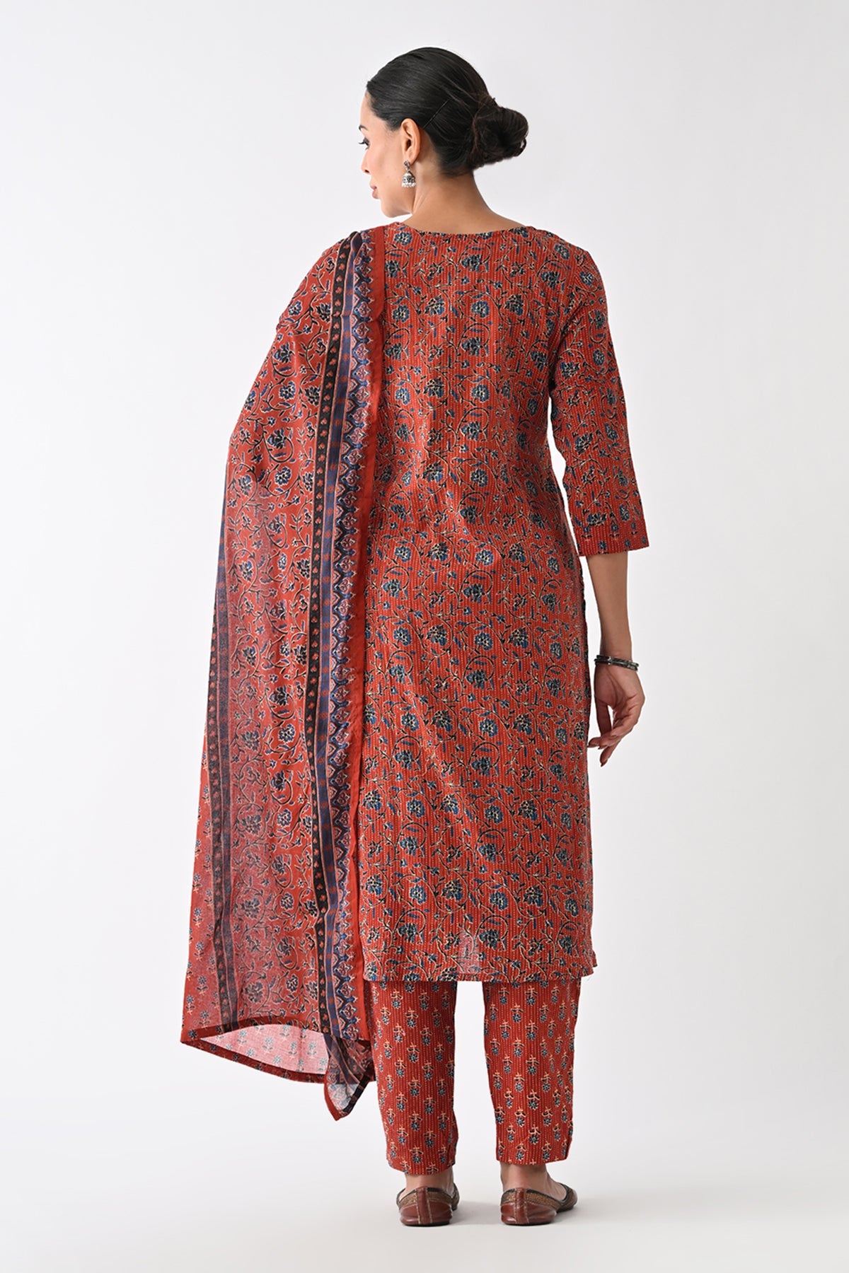 Rust Floral Printed Kurta 3 Pcs Set