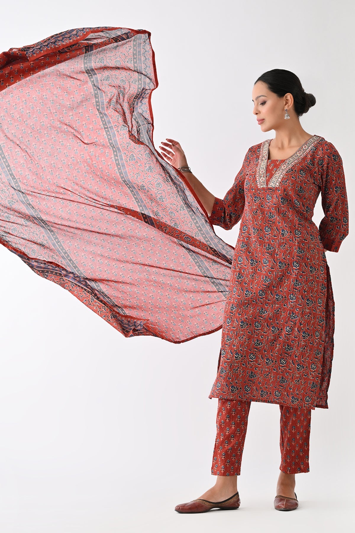 Rust Floral Printed Kurta 3 Pcs Set