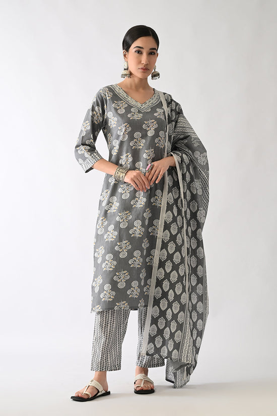 Grey Printed Kurta Set(3 Piece)