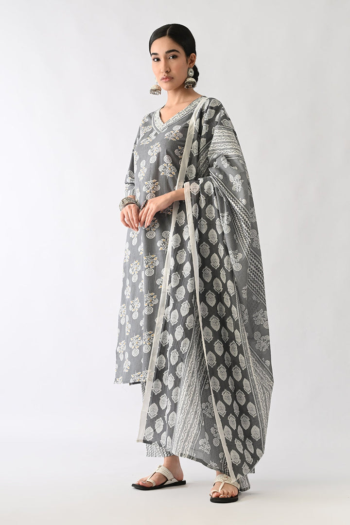Grey Printed Kurta Set(3 Piece)