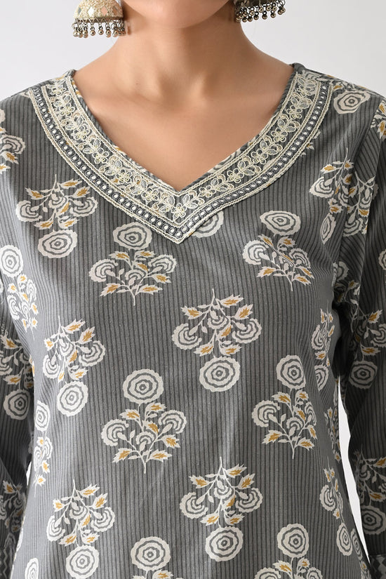 Grey Printed Kurta Set(3 Piece)