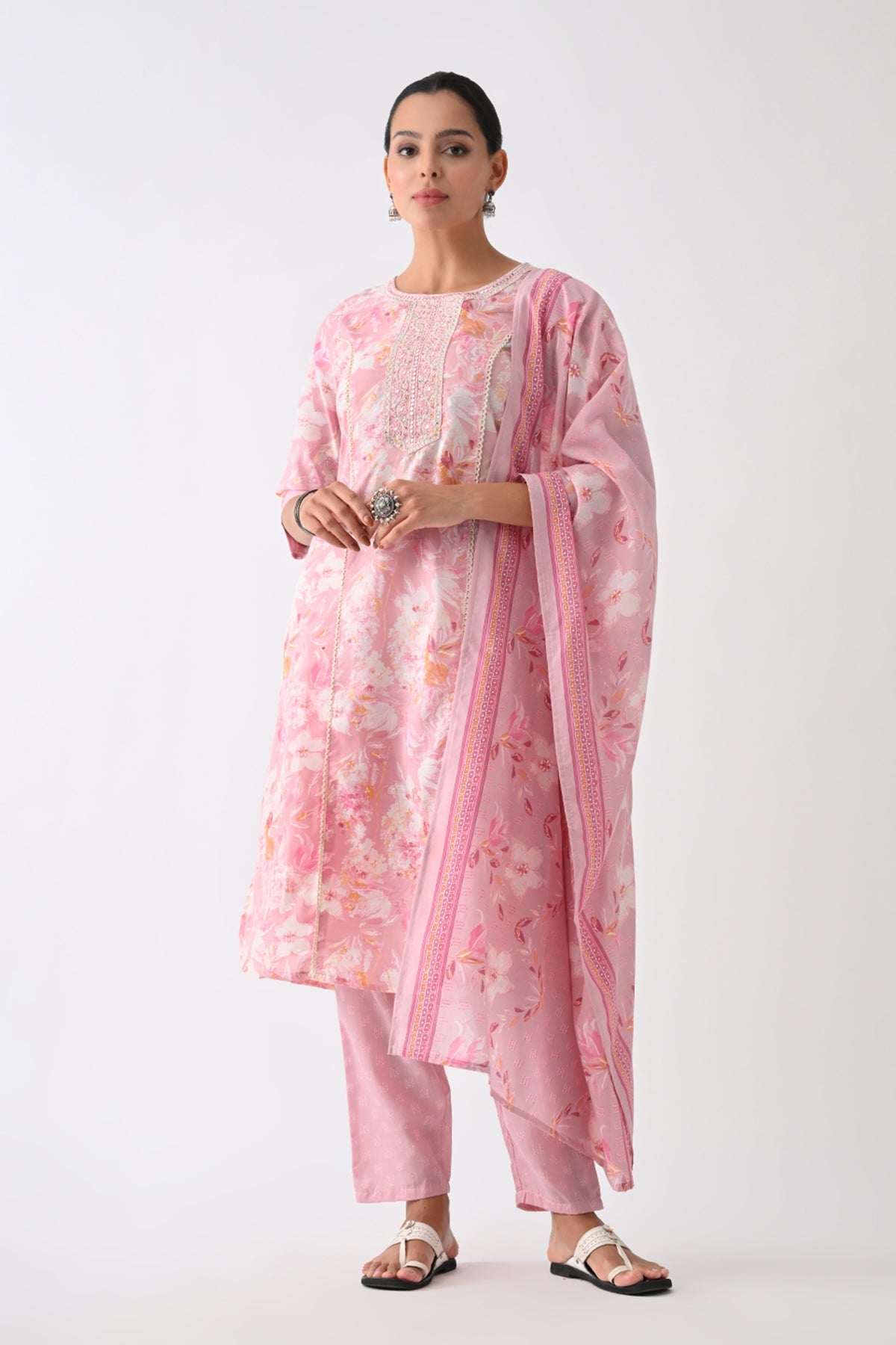 Light Pink Printed Kurta Set (3 Piece)