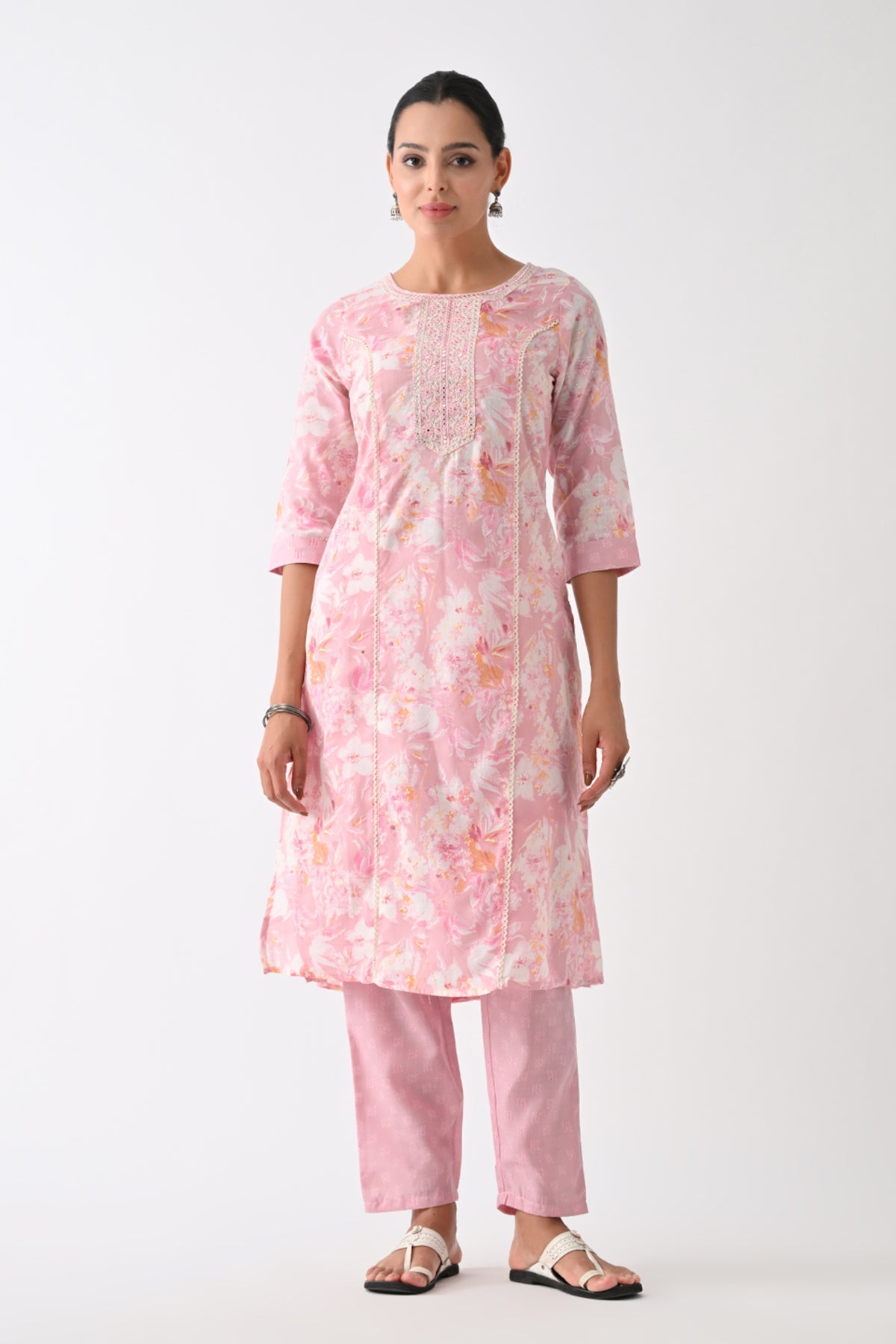 Light Pink Printed Kurta Set (3 Piece)