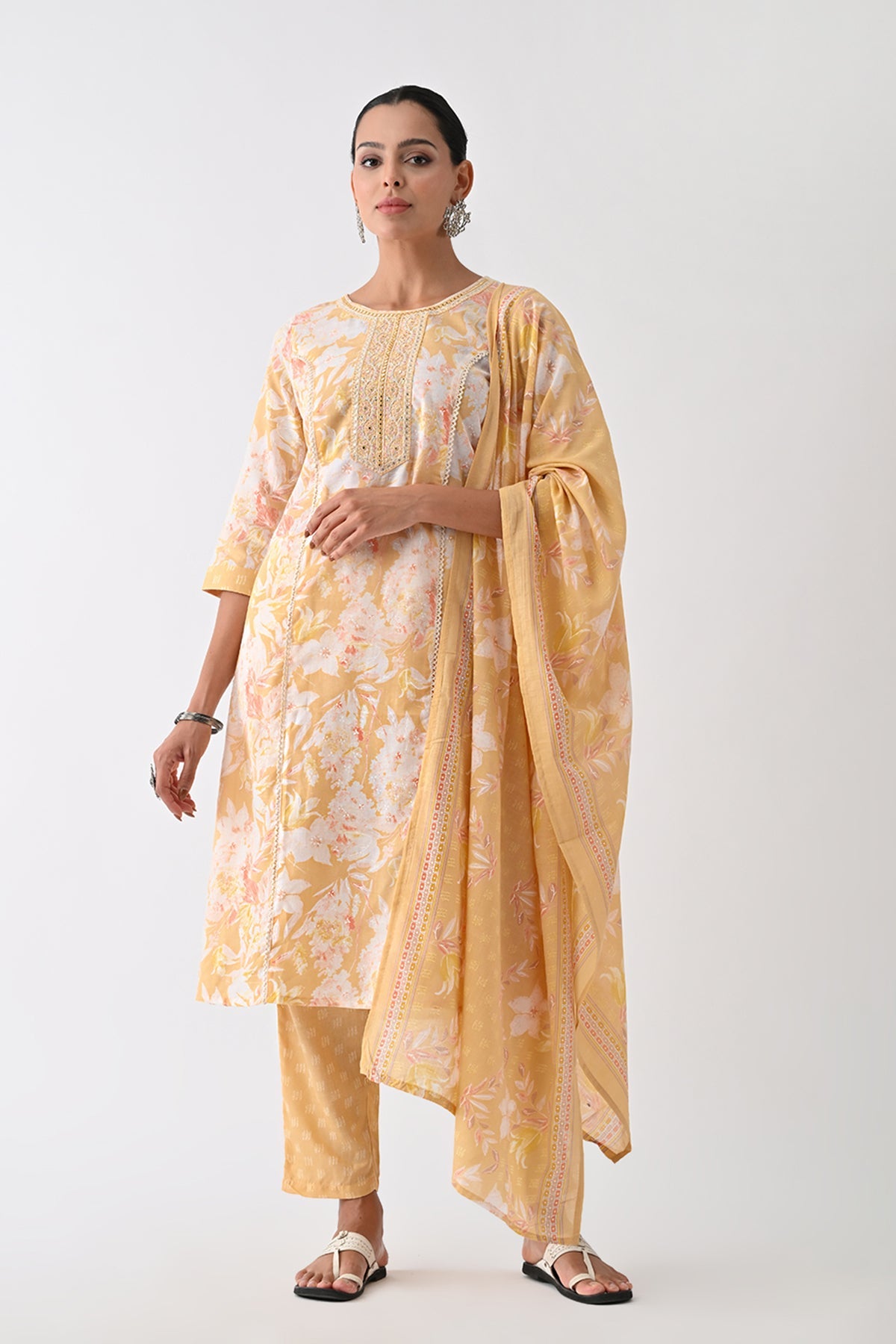 Yellow Printed Kurta Set (3 Piece)
