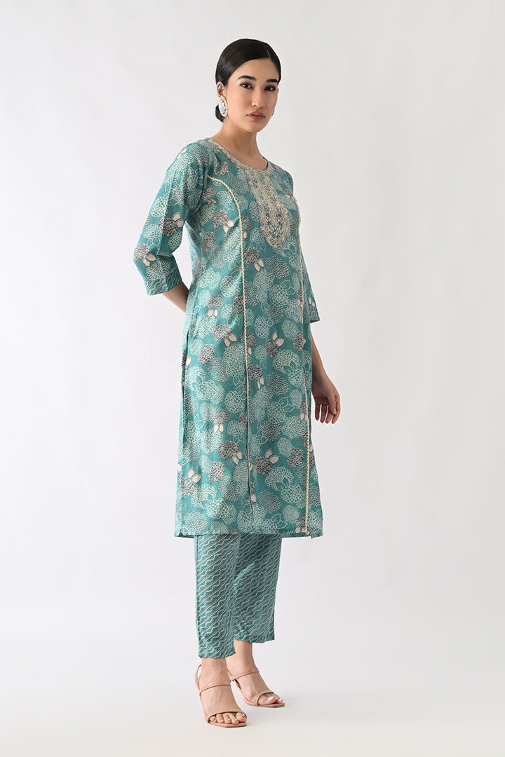 Rama Green Printed Kurta Set(3 Piece)