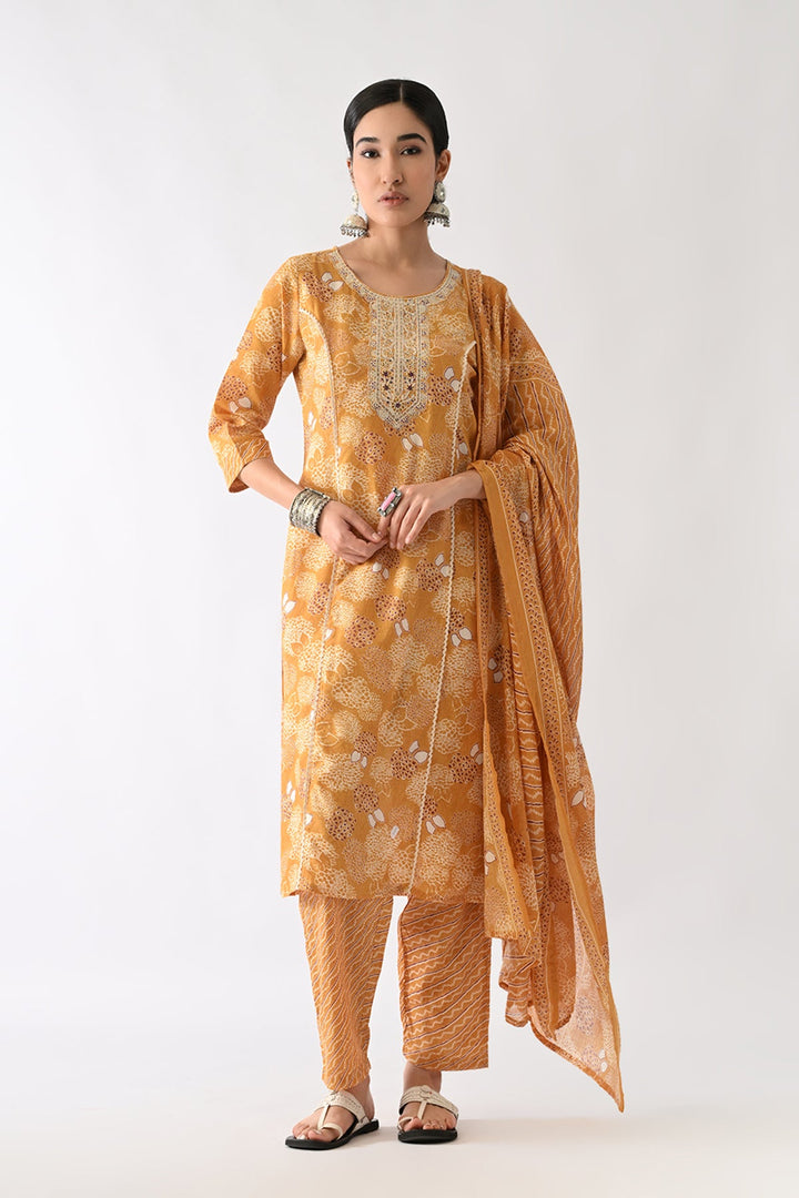 Mustard Printed Kurta Set(3 Piece)