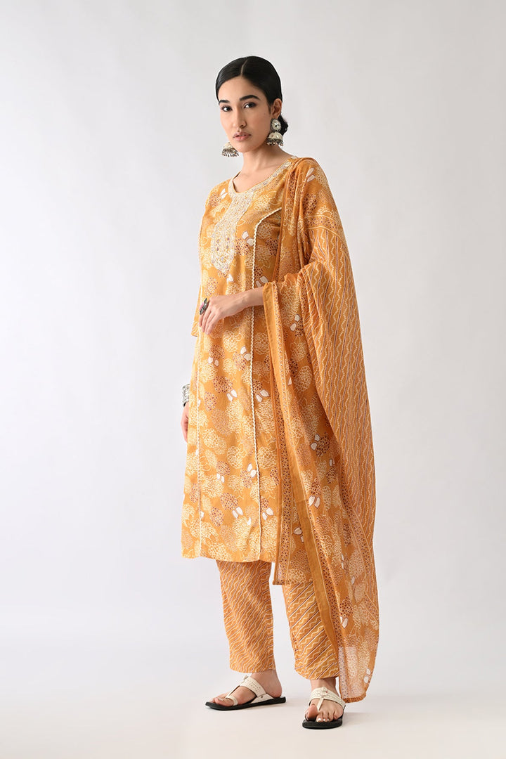 Mustard Printed Kurta Set(3 Piece)