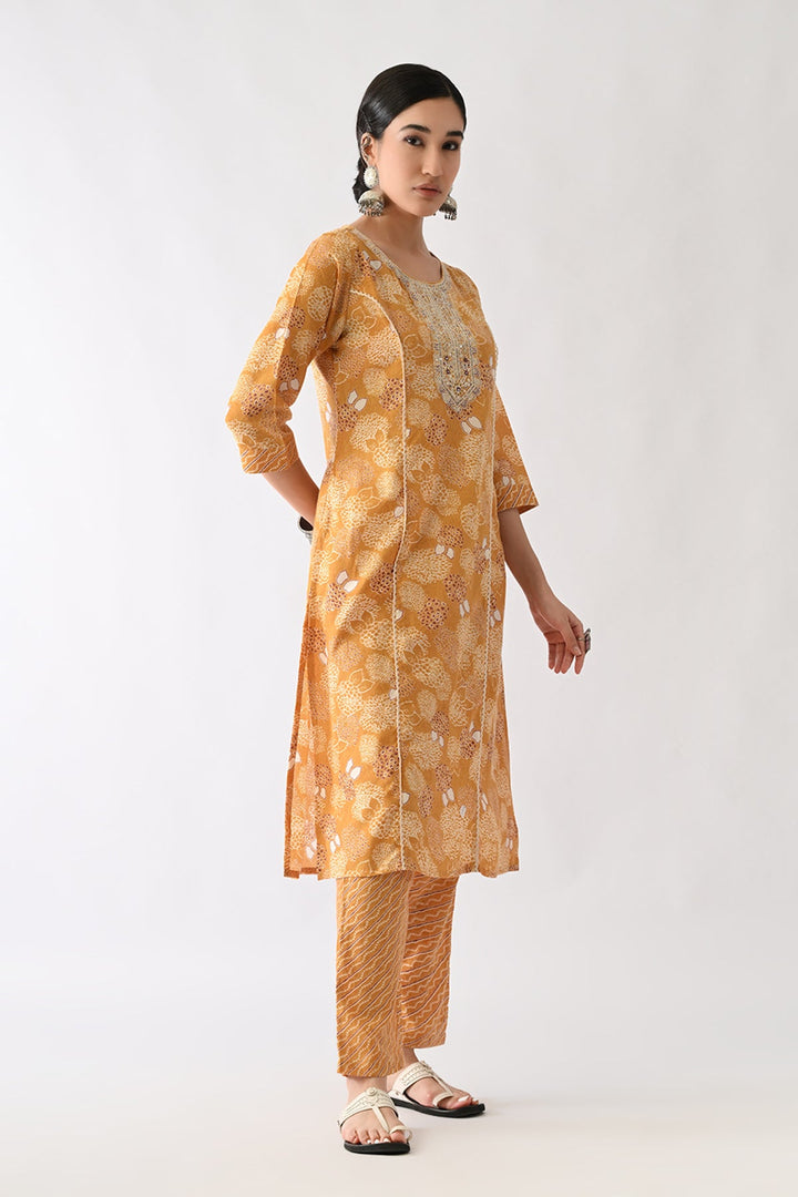 Mustard Printed Kurta Set(3 Piece)