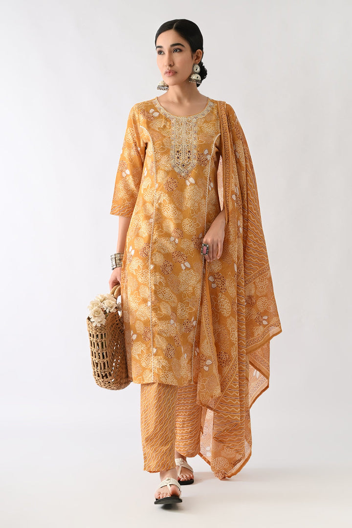 Mustard Printed Kurta Set(3 Piece)