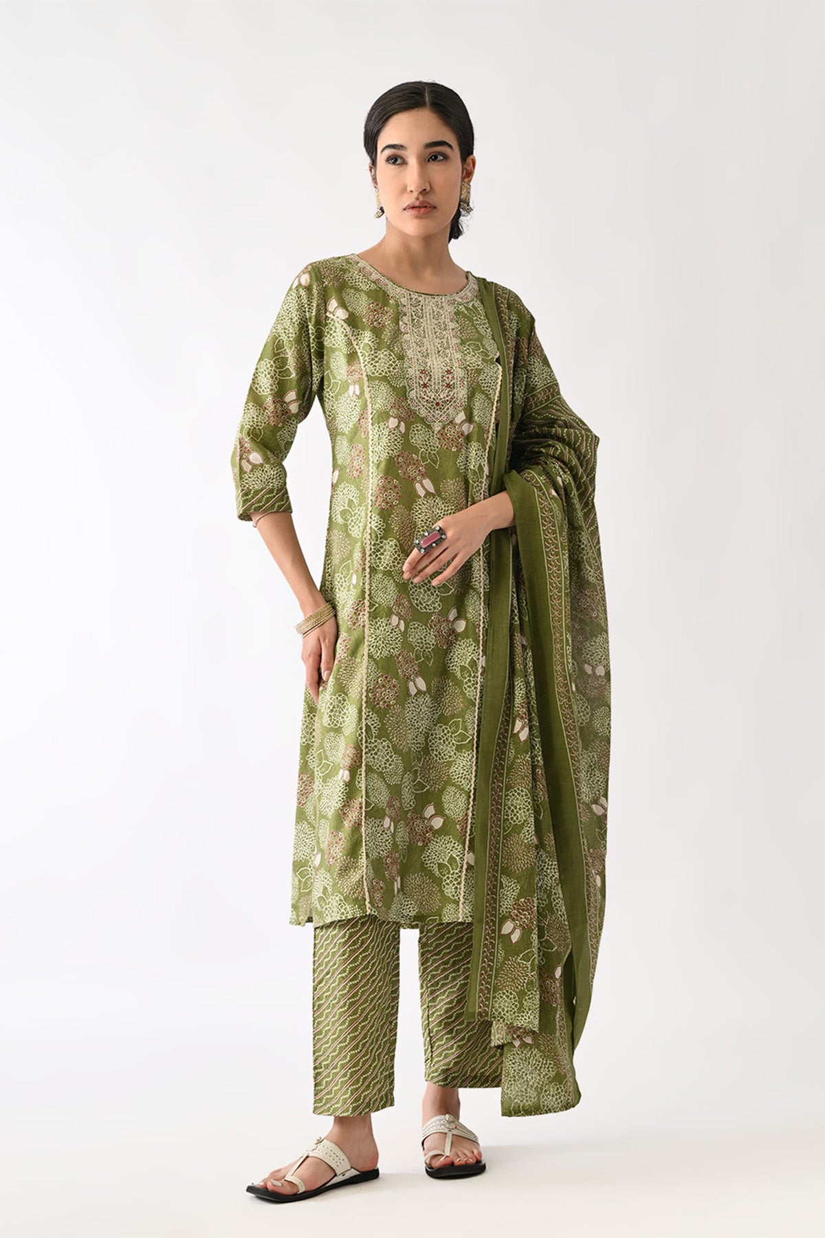 Green Printed Kurta 3 Pcs Set