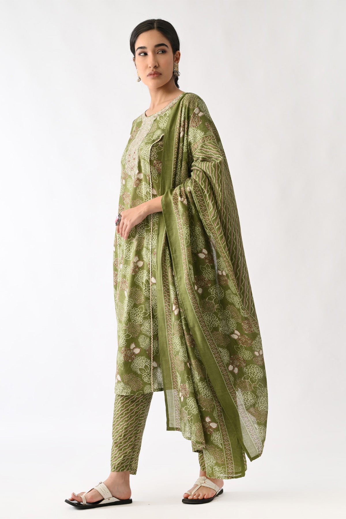 Green Printed Kurta 3 Pcs Set